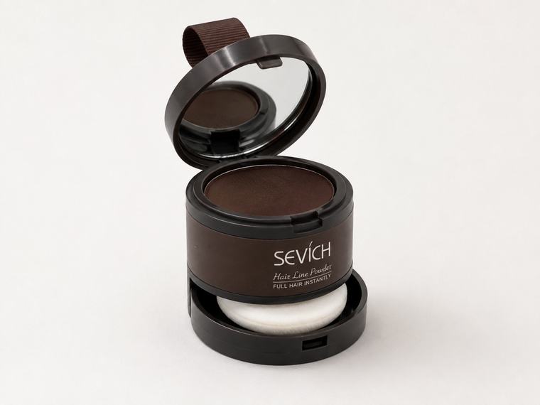 Open compact showing the mirror lid, powder pan and puff