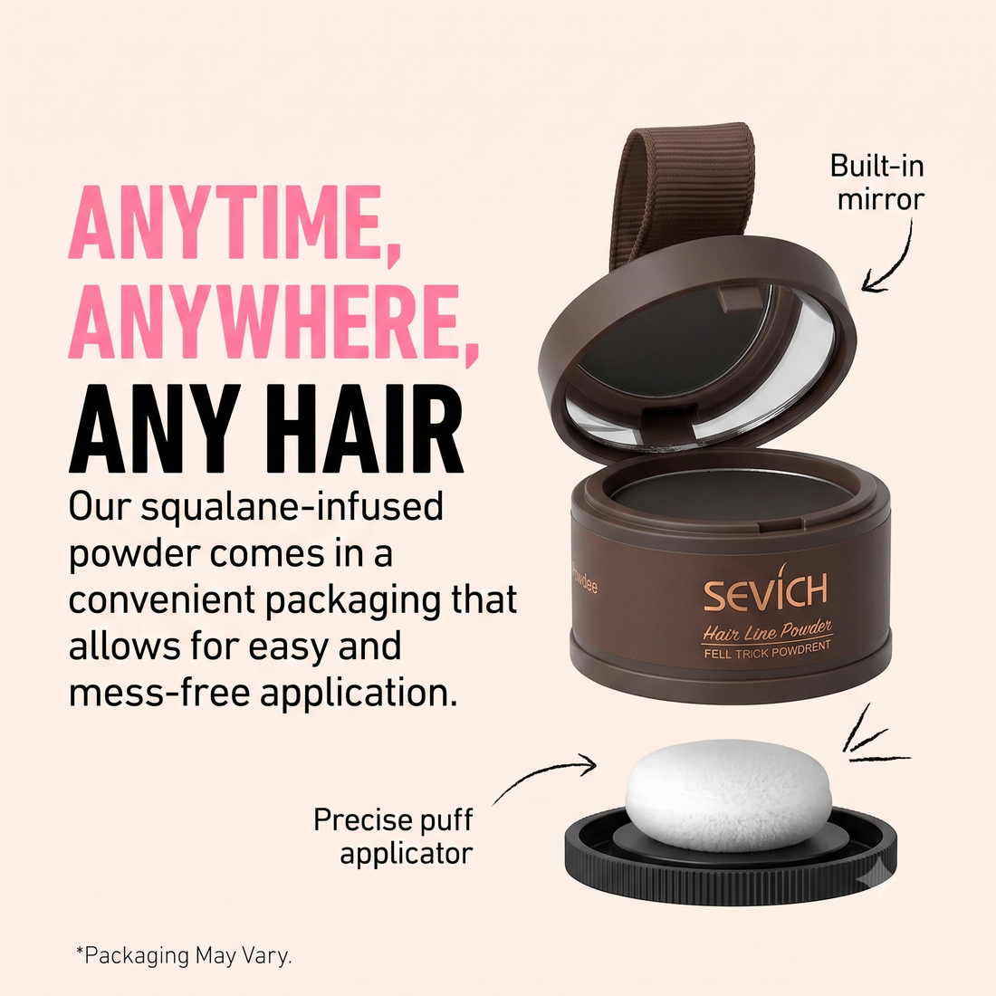 Open compact held in hand showing the mirror, powder pan and puff applicator