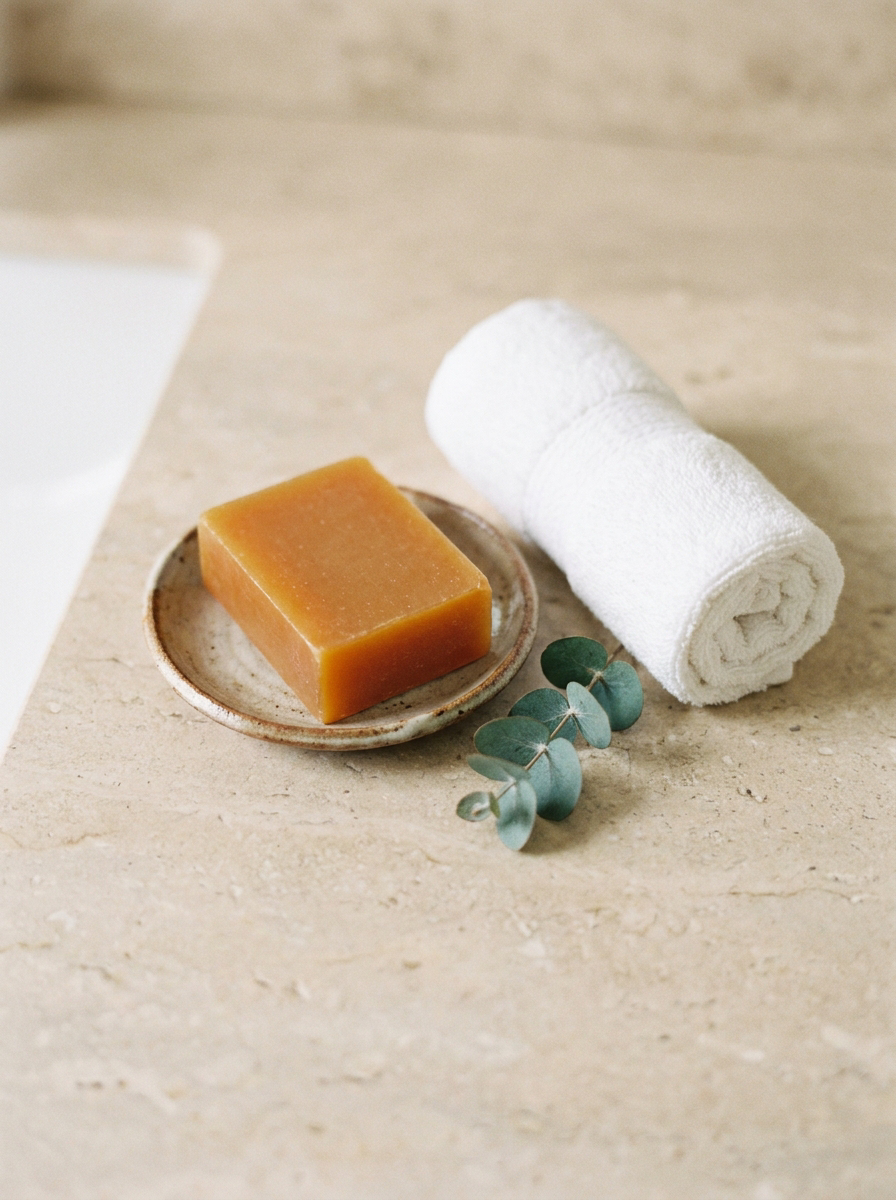 Clarifying Back & Body Bar styled with a towel and eucalyptus