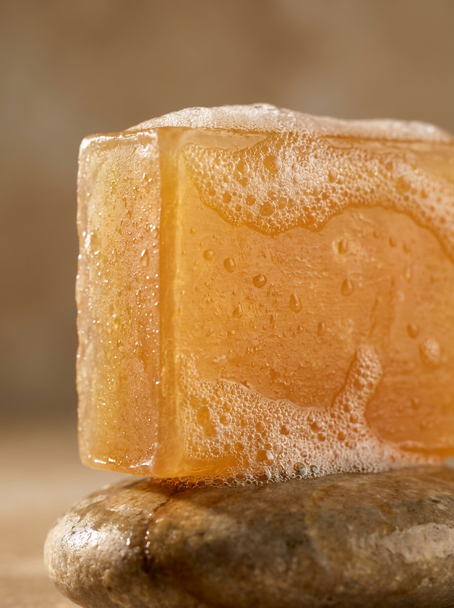 Close-up of Clarifying Back & Body Bar with lather and water droplets